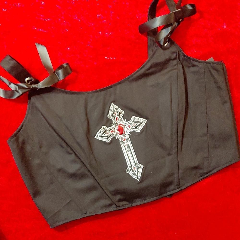 DOLLSKILL WIDOW 1X SINFUL SANCTUARY CORSET TOP BLACK RED GRAPHICS
